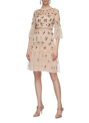 Figure View - Click To Enlarge - NEEDLE & THREAD - 'Magdalena' ruffle yoke tiered floral embroidered tulle dress