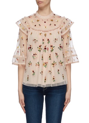 Main View - Click To Enlarge - NEEDLE & THREAD - 'Magdalena' ruffle yoke floral embroidered tulle top