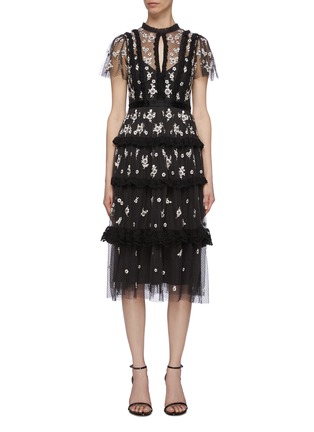 Main View - Click To Enlarge - NEEDLE & THREAD - 'Monochrome Ditsy' lace trim floral embroidered tiered tulle dress