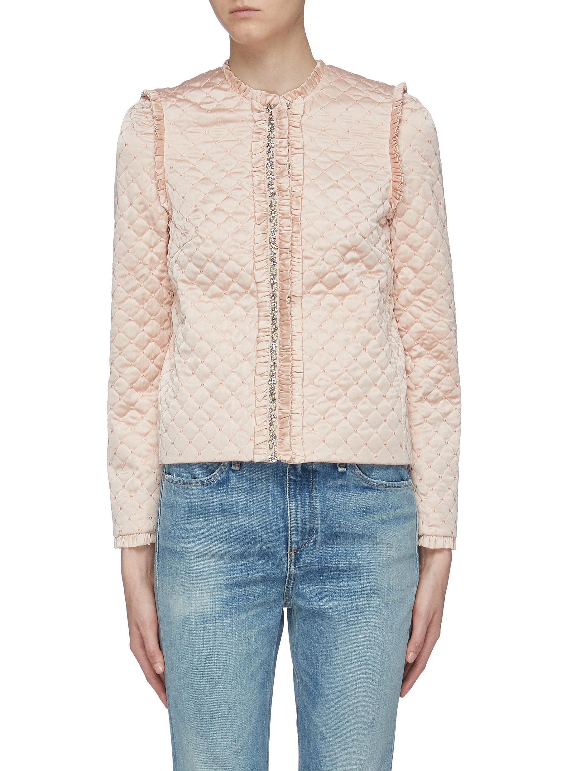Ruffle trim embellished quilted satin jacket by Needle & Thread