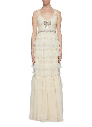 Main View - Click To Enlarge - NEEDLE & THREAD - 'Embellished Bow' ruffle trim tiered tulle camisole gown
