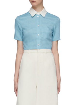 Main View - Click To Enlarge - STAUD - 'Copa' contrast collar patch pocket cropped linen top