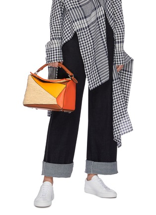 Front View - Click To Enlarge - LOEWE - x Paula's Ibiza 'Puzzle' raffia panel leather bag