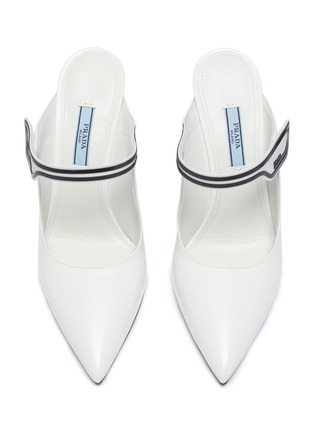 Detail View - Click To Enlarge - PRADA - Logo patch sculptural wedge leather mules