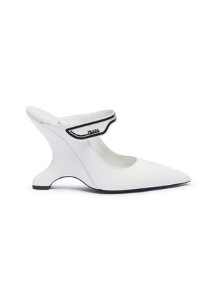 Main View - Click To Enlarge - PRADA - Logo patch sculptural wedge leather mules