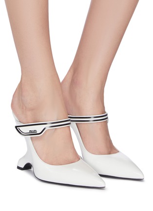 Figure View - Click To Enlarge - PRADA - Logo patch sculptural wedge leather mules