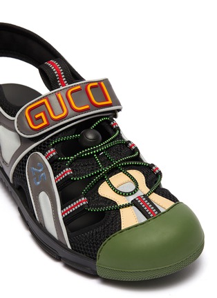 Detail View - Click To Enlarge - GUCCI - Logo patch leather trim mesh sneaker sandals
