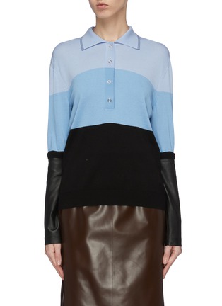 Main View - Click To Enlarge - BURBERRY - Leather cuff colourblock wool knit polo shirt