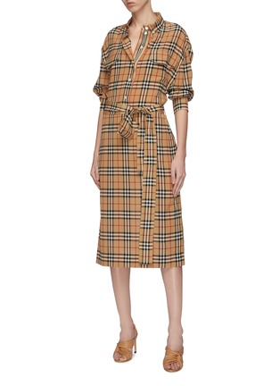 Figure View - Click To Enlarge - BURBERRY - Belted flap pocket check plaid silk shirt dress