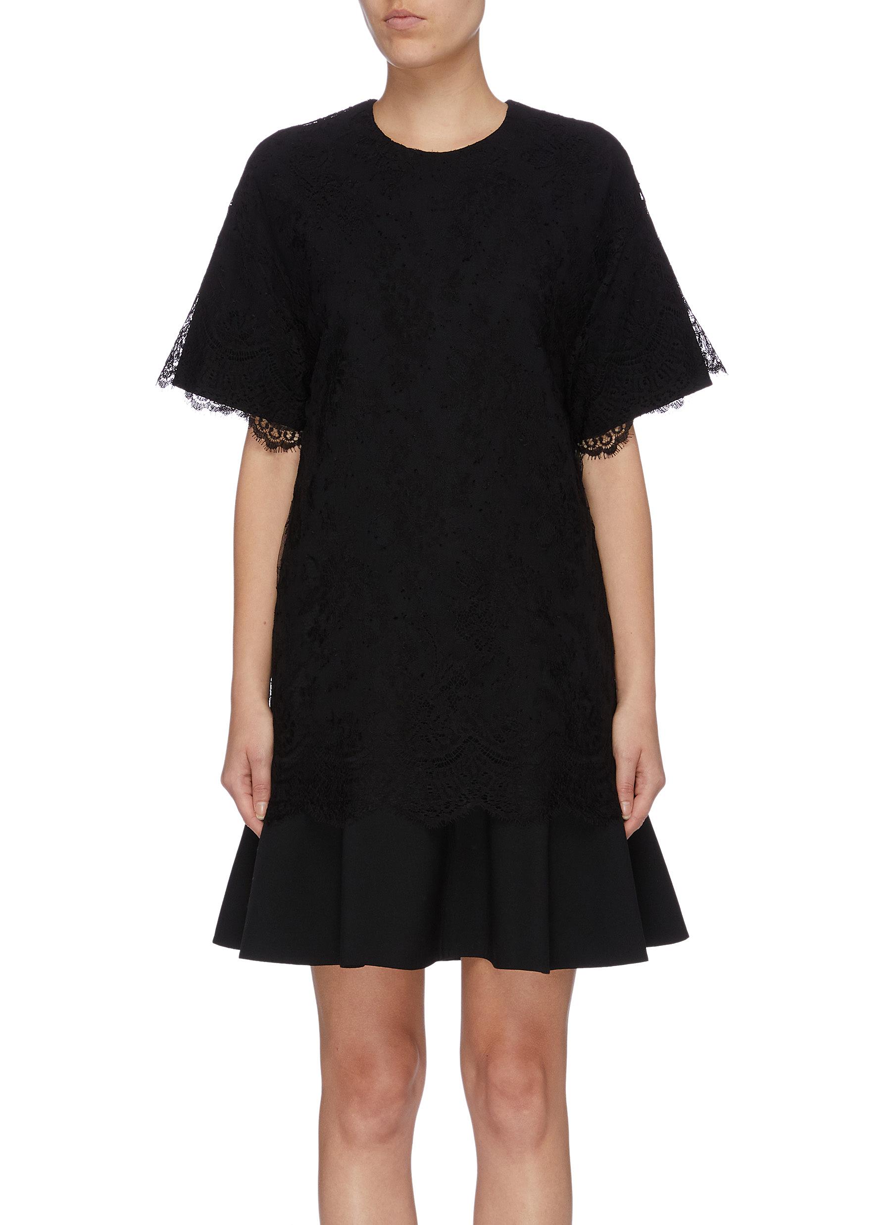 Lace overlay flared mini virgin wool blend dress by Valentino