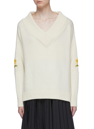 Main View - Click To Enlarge - OSCAR DE LA RENTA - Floral embroidered virgin wool-cashmere V-neck sweater