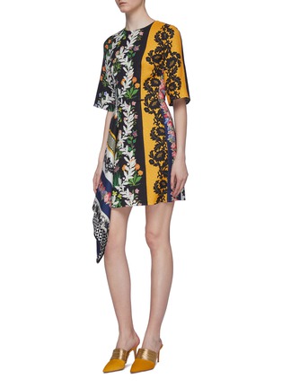 Detail View - Click To Enlarge - OSCAR DE LA RENTA - Belted mix floral patchwork asymmetric drape wool dress