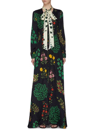 Main View - Click To Enlarge - OSCAR DE LA RENTA - Colourblock sash tie neck botanical print silk dress