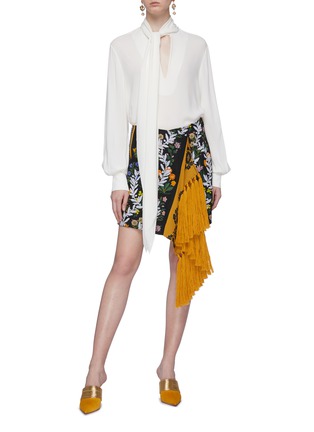 Figure View - Click To Enlarge - OSCAR DE LA RENTA - Tassel fringe drape mix floral patchwork skirt