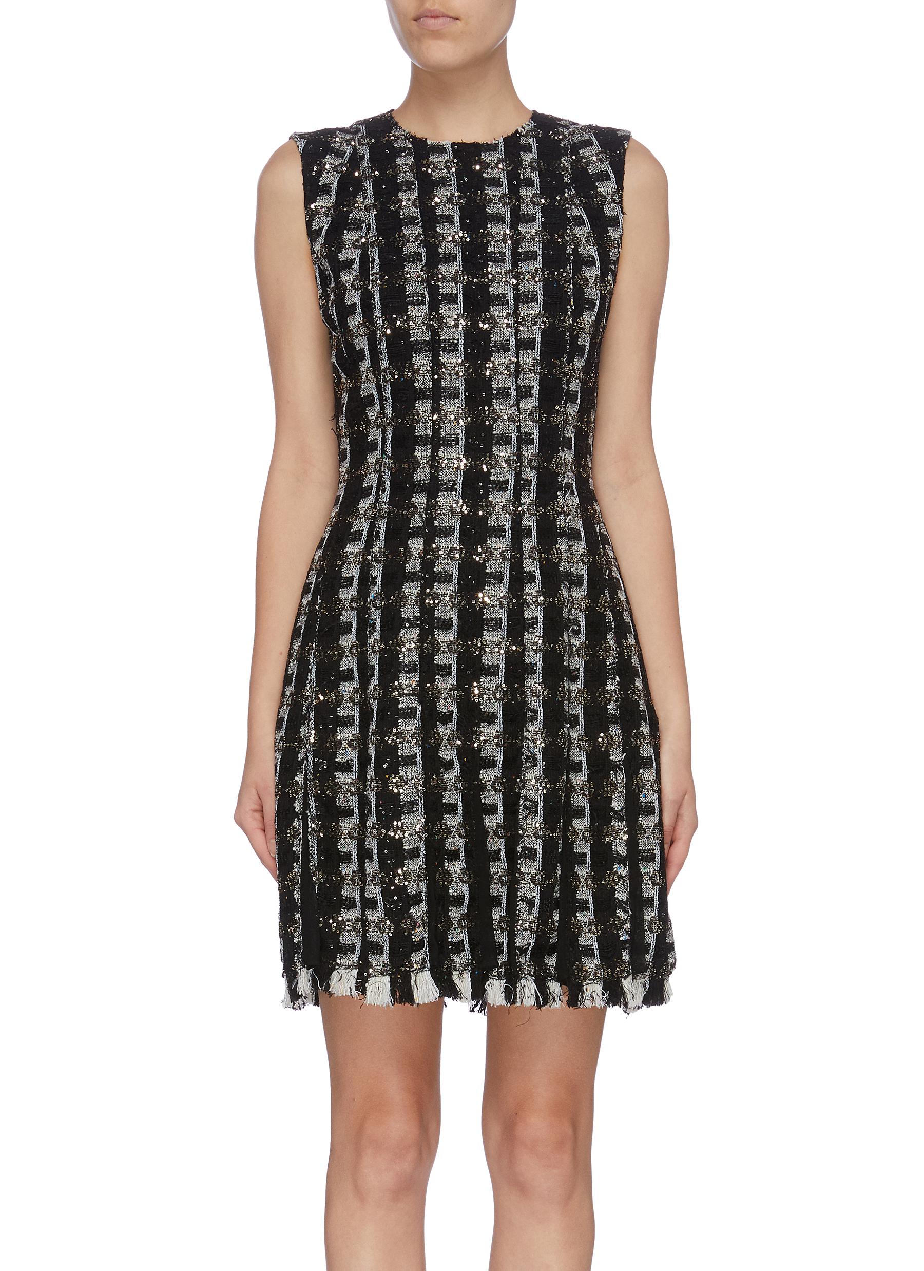 Pleated frayed hem sequin stripe tweed dress by Oscar De La Renta
