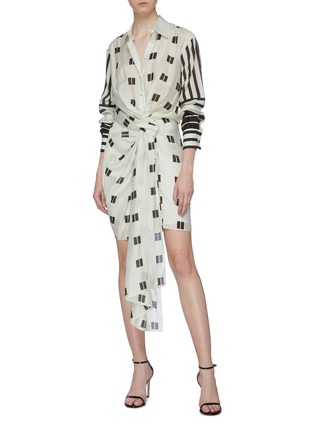 Figure View - Click To Enlarge - OSCAR DE LA RENTA - Knot front drape geometric stripe print shirt dress