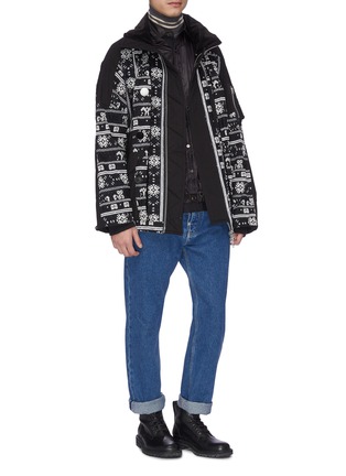 Figure View - Click To Enlarge - SACAI - Detachable hood floral cross stitched patchwork jacket