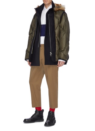 Figure View - Click To Enlarge - SACAI - Faux fur trim hooded contrast placket down puffer jacket