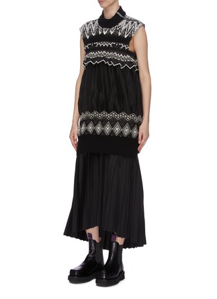 Front View - Click To Enlarge - SACAI - Fair Isle embroidered pleated turtleneck dress