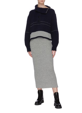 Figure View - Click To Enlarge - SACAI - Logo intarsia cropped half-button high neck sweater