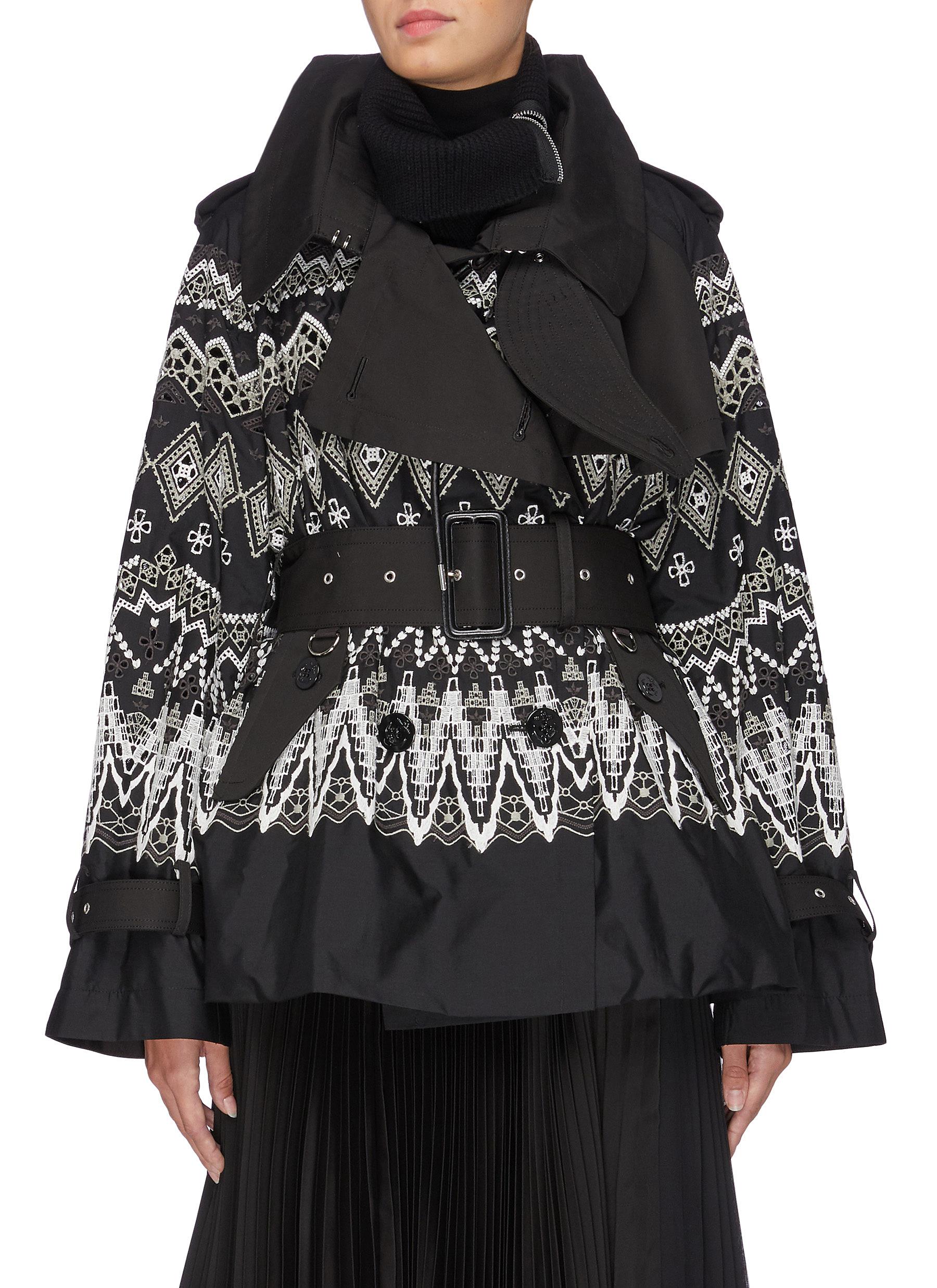 Belted Fair Isle embroidered flared jacket by Sacai