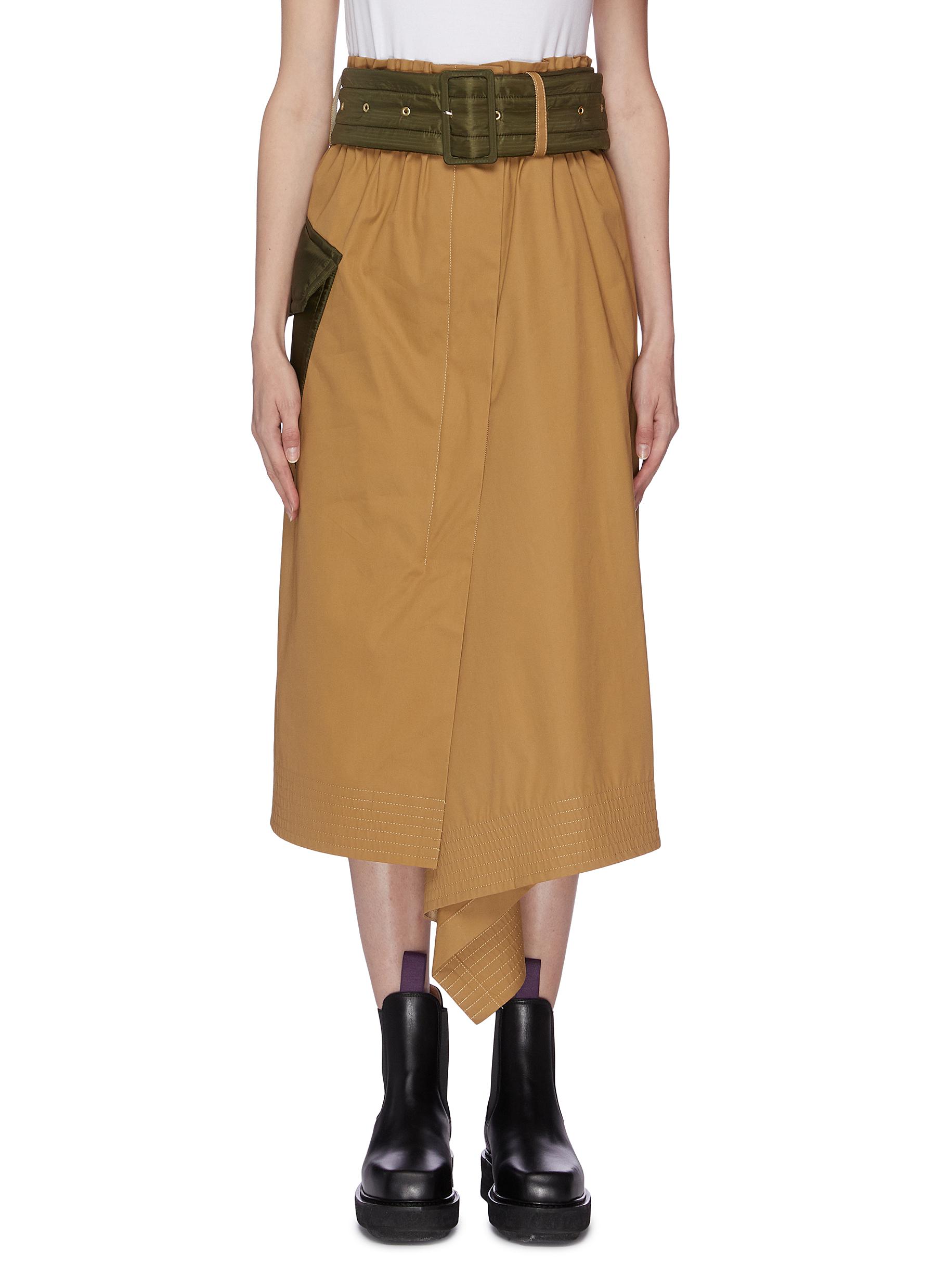 Belted patch pocket asymmetric skirt by Sacai