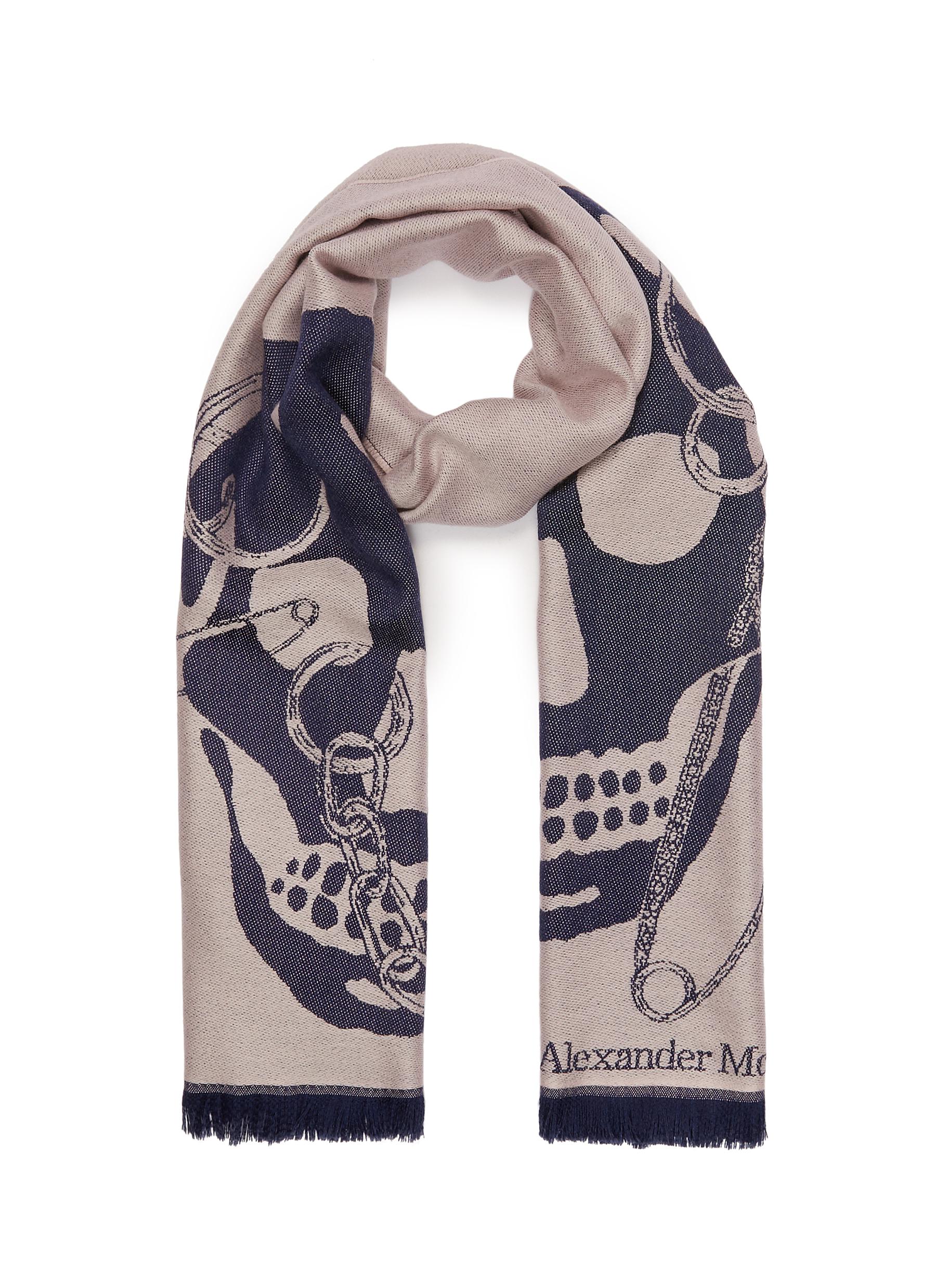 Alexander Mcqueen Chained Skull Wool Scarf In Dusty Pink / Navy ModeSens