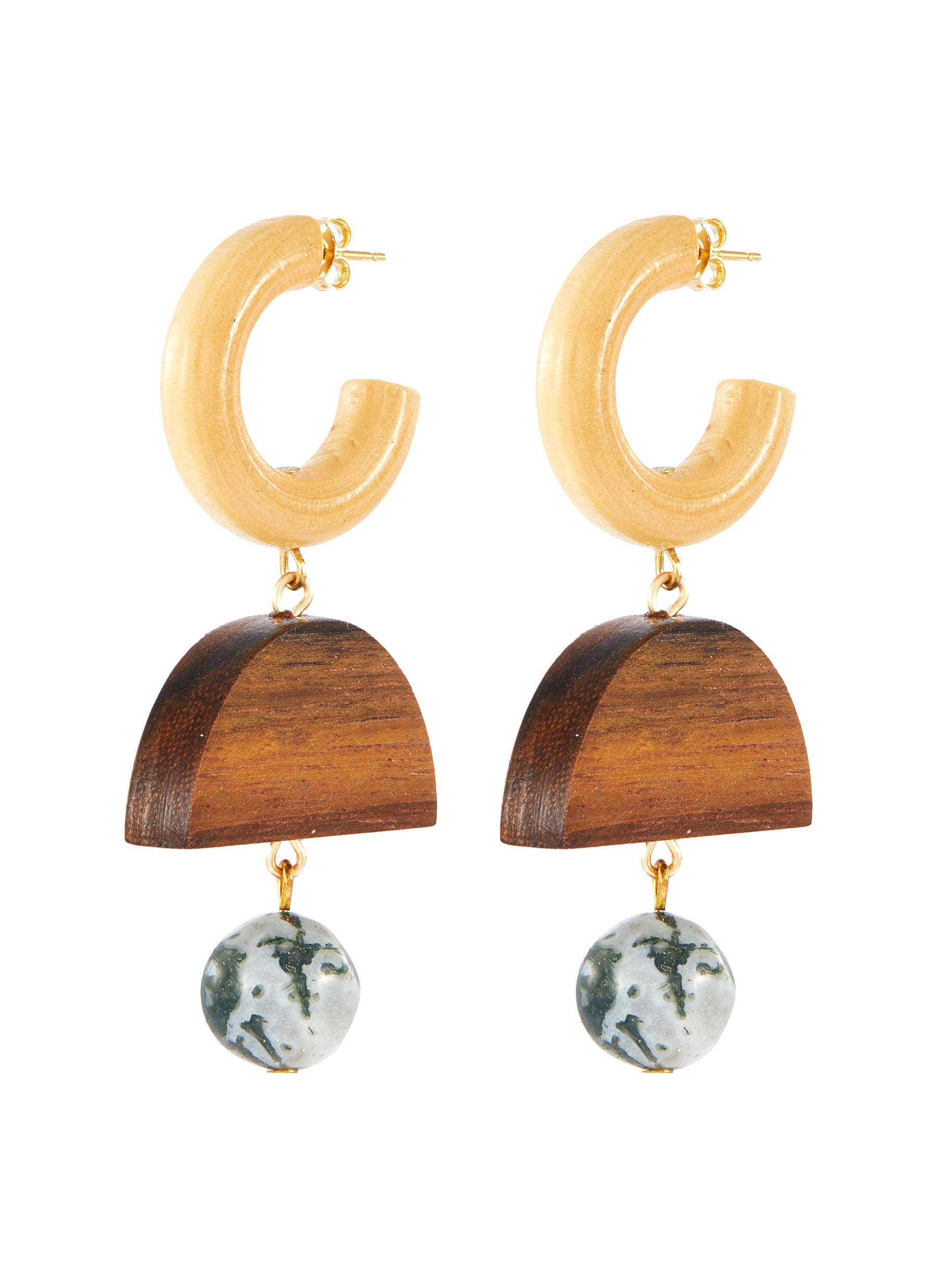 'The Chelsea' link tree agate bead wood drop hoop earrings