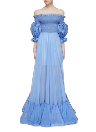 Main View - Click To Enlarge - LEAL DACCARETT - 'Pitaya' puff sleeve smocked tiered off-shoulder silk gown