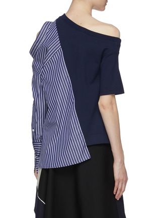 Back View - Click To Enlarge - MONSE - Stripe shirt panel asymmetric cutout shoulder blouse
