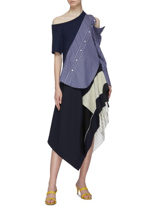 Figure View - Click To Enlarge - MONSE - Stripe shirt panel asymmetric cutout shoulder blouse