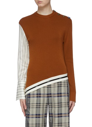 Main View - Click To Enlarge - MONSE - Button shoulder stripe shirt sleeve patchwork wool sweater