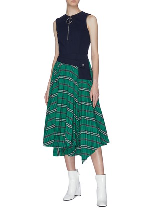 Figure View - Click To Enlarge - CÉDRIC CHARLIER - Belted asymmetric pleated check plaid sleeveless dress