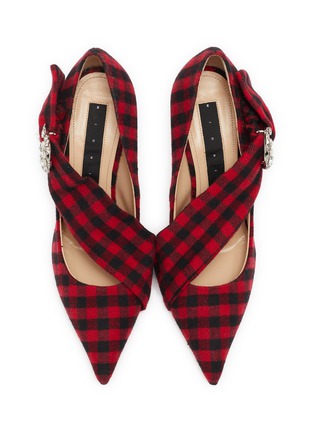 Detail View - Click To Enlarge - MIDNIGHT 00 - Embellished crescent cross strap check plaid pumps