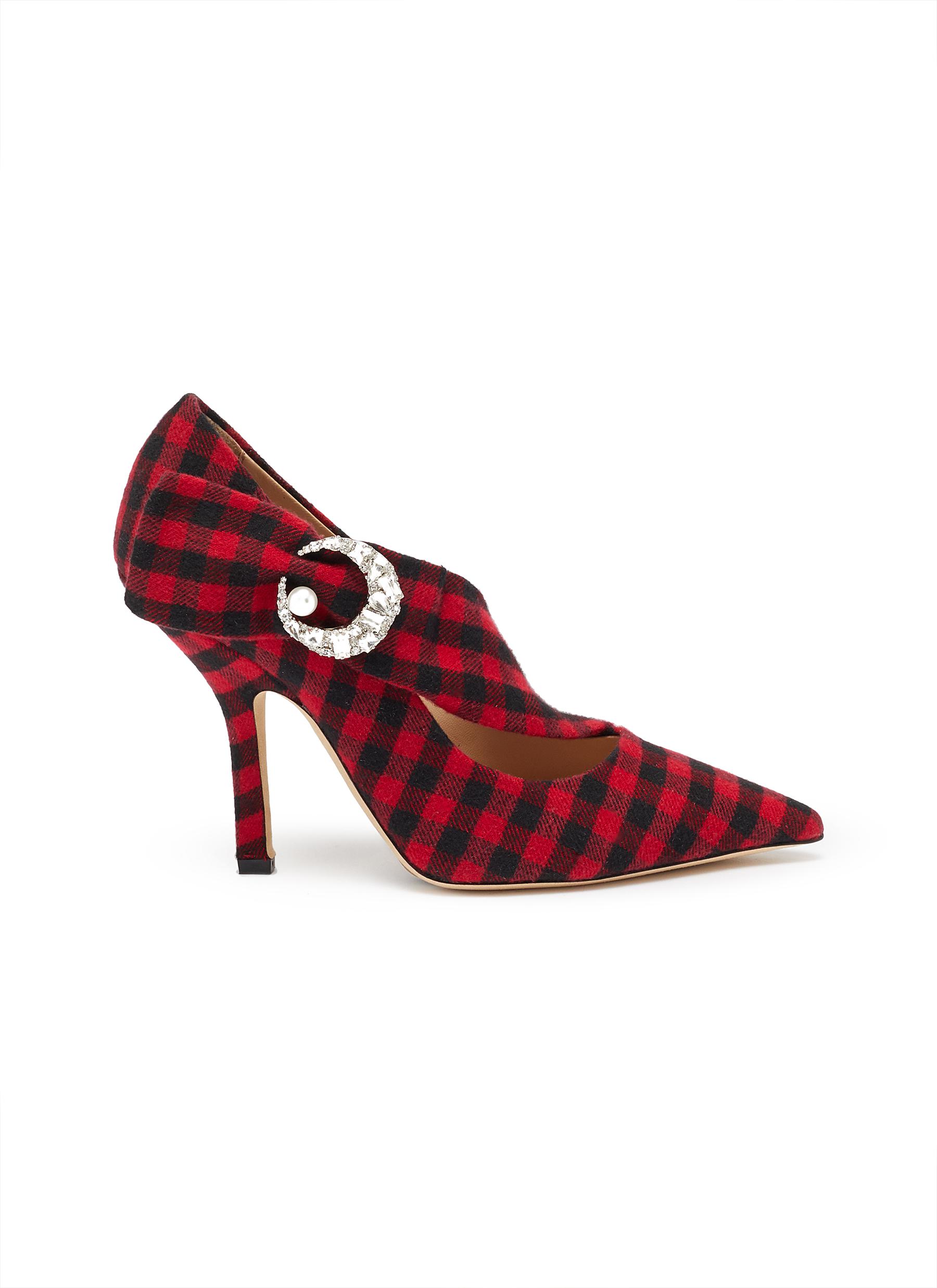Embellished crescent cross strap check plaid pumps by Midnight 00