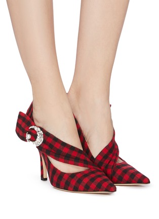 Figure View - Click To Enlarge - MIDNIGHT 00 - Embellished crescent cross strap check plaid pumps