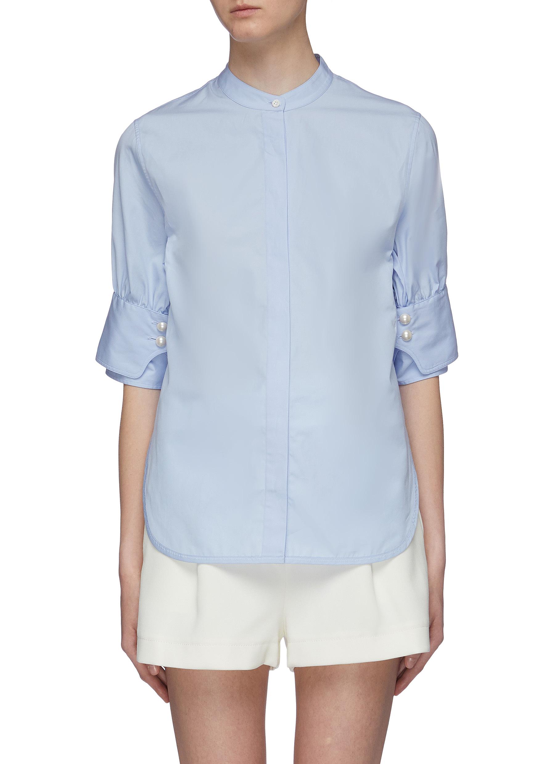 Belted back faux pearl cuff short sleeve shirt by 3.1 Phillip Lim