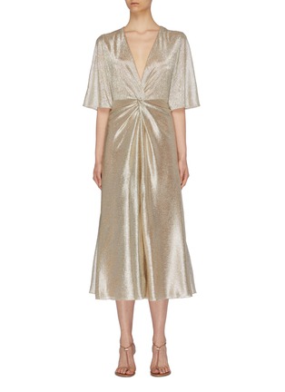 Main View - Click To Enlarge - GALVAN LONDON - 'Stella' twist front metallic V-neck dress