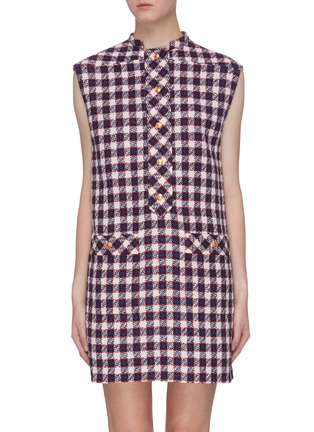 Main View - Click To Enlarge - GUCCI - Gingham check wool blend tweed sleeveless dress