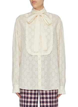Main View - Click To Enlarge - GUCCI - Ruffle bib GG broderie anglaise pussybow shirt