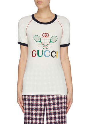 Main View - Click To Enlarge - GUCCI - 'Gucci Tennis' embroidered contrast trim T-shirt