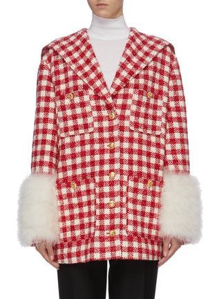 Main View - Click To Enlarge - GUCCI - Feather cuff patch pocket gingham check tweed jacket