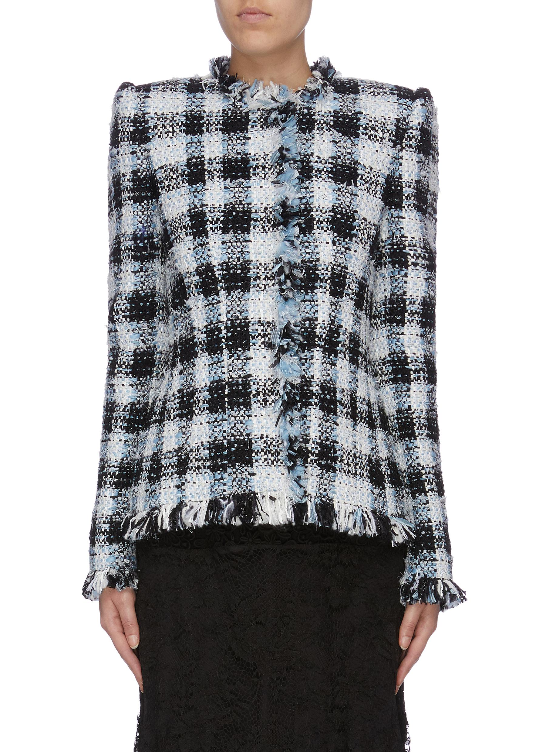 Frayed border check plaid tweed jacket by Alexander Mcqueen