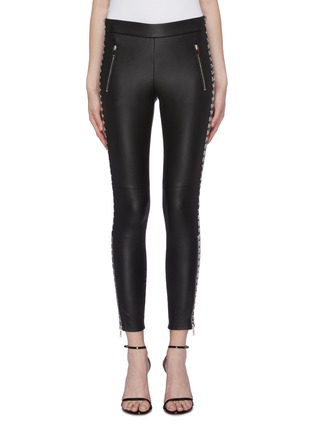 Main View - Click To Enlarge - ALEXANDER MCQUEEN - Houndstooth stripe outseam leather pants