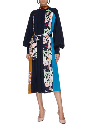 Figure View - Click To Enlarge - ROKSANDA - 'Afisa' belted floral print patchwork pleated silk dress
