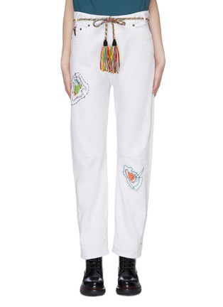 Main View - Click To Enlarge - MIRA MIKATI - 'Darn' tassel belted graphic embroidered jeans