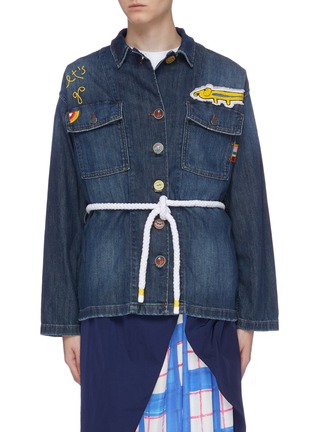 Main View - Click To Enlarge - MIRA MIKATI - Rope belted slogan graphic embroidered denim jacket