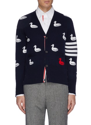 Main View - Click To Enlarge - THOM BROWNE  - Stripe sleeve duck intarsia cashmere-cotton cardigan