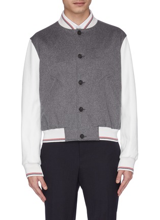 Main View - Click To Enlarge - THOM BROWNE  - Logo embroidered leather and cashmere varsity jacket