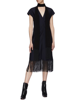 Figure View - Click To Enlarge - SONIA RYKIEL - Fringe georgette scarf panel virgin wool V-neck shift dress